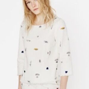 EUC Zara Graphic Printed Poplin Frayed Top Size XS